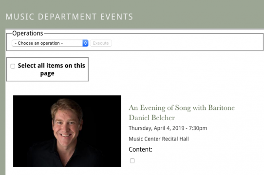 The Arts Division Music Events site, showing export options