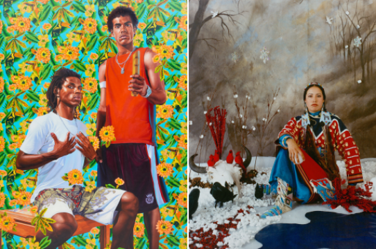 (from left to right): Kehinde Wiley, Marechal Floriano Peixoto II, 2009 from the series "The World Stage: Brazil"; Wendy Red Star, Four Seasons: Winter, 2006.