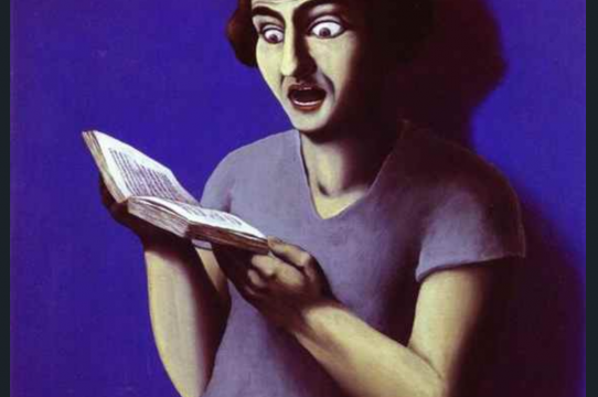 La Lectrice Soumise (1928), Rene Magritte, a person with a surprised expression while reading a book