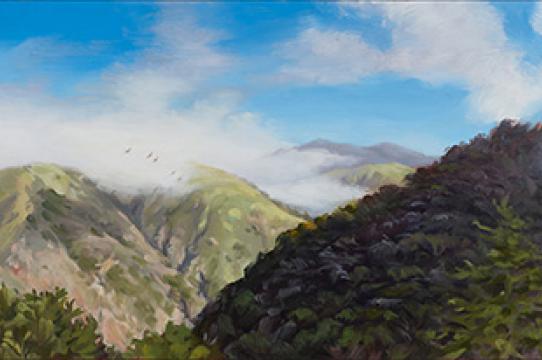 Five Swallows Over Big Creek Canyon, oil on panel by Jenny Keller